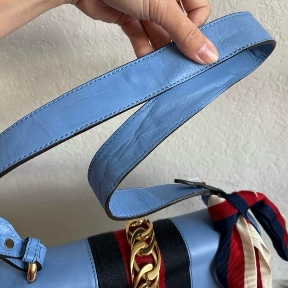 Gucci Sylvie Light Blue Crossbody Bag with Red and Gold Details - Picture 3 of 16